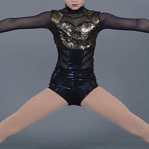 Dansco Dance Costume black gold unitard jumpsuit black mesh sequin Child LC - Picture 2 of 13